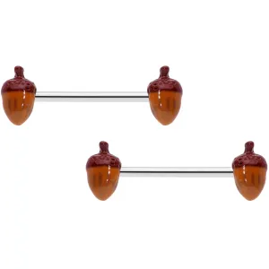 14 Gauge 5/8 Brown Autumn Acorn Barbell Nipple Ring Set