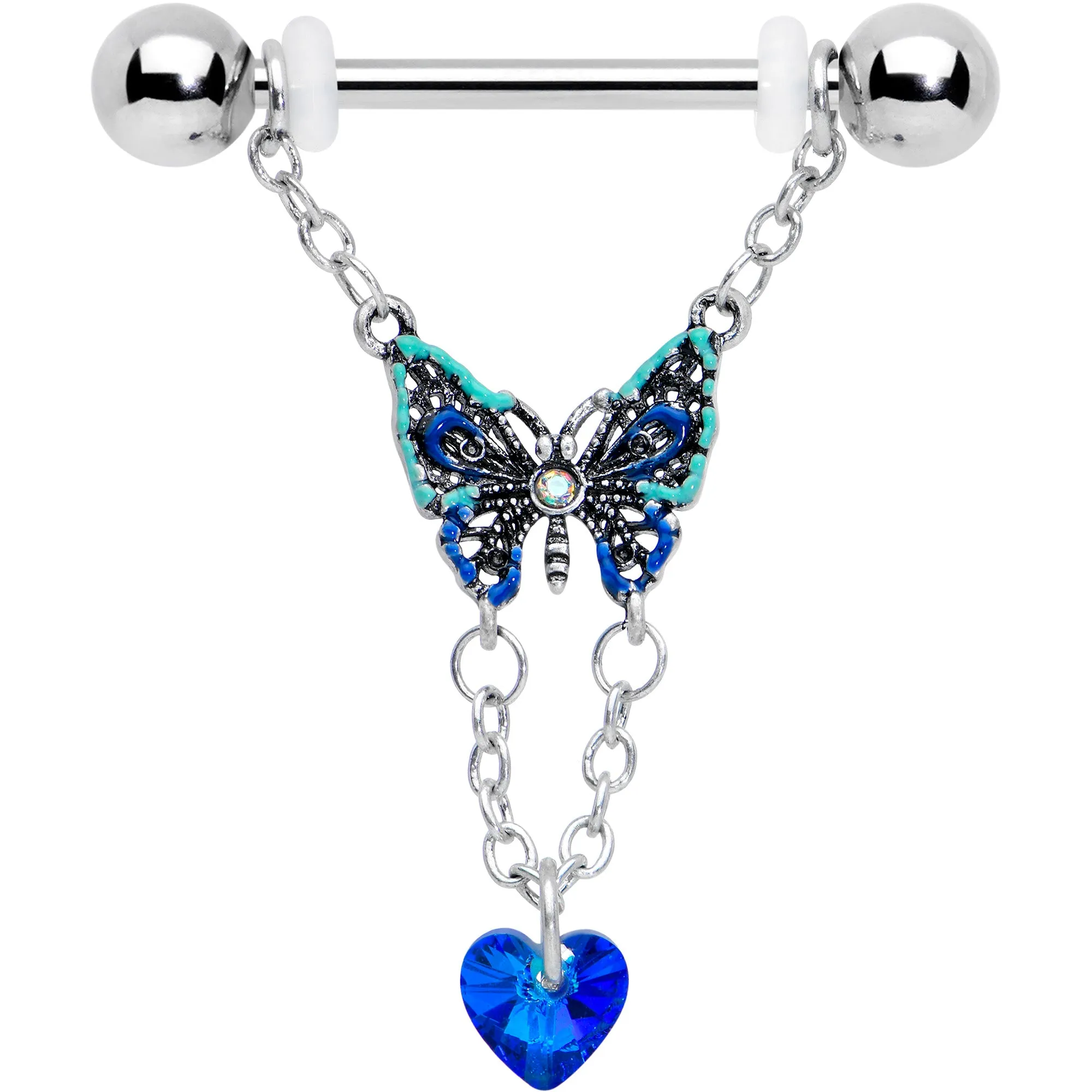 14 Gauge 9/16 Blue Gem Heart Colorful Butterfly Dangle Nipple Ring Set