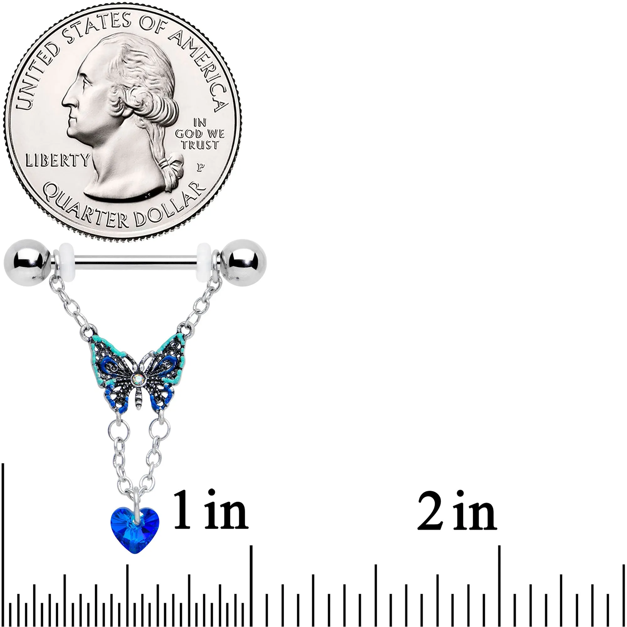 14 Gauge 9/16 Blue Gem Heart Colorful Butterfly Dangle Nipple Ring Set