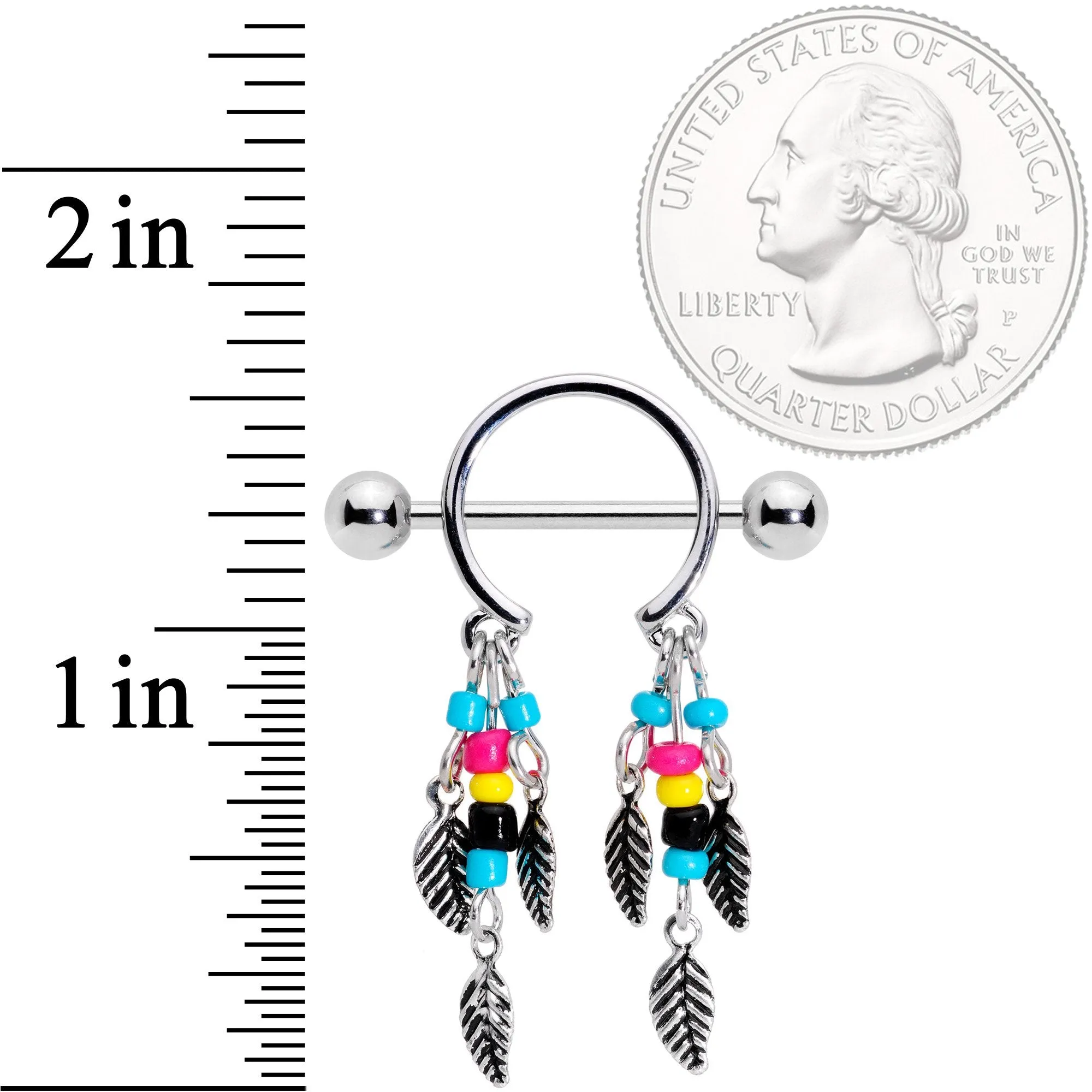 14 Gauge 9/16 Multicolor Bead Feather Dangle Nipple Shield Set