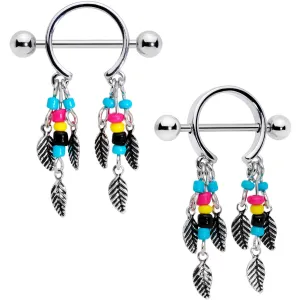 14 Gauge 9/16 Multicolor Bead Feather Dangle Nipple Shield Set