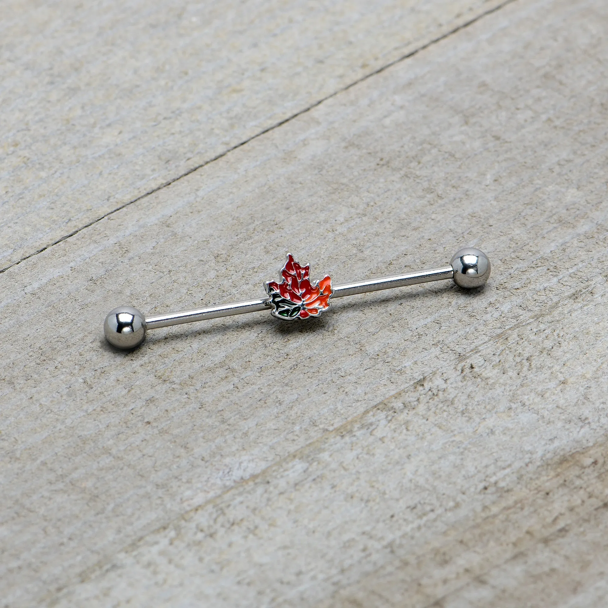14 Gauge Autumn Tricolor Red Maple Leaf Industrial Barbell 38mm
