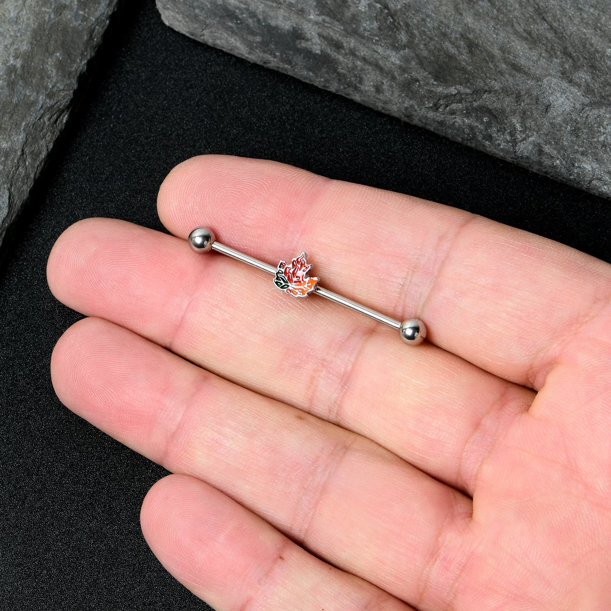 14 Gauge Autumn Tricolor Red Maple Leaf Industrial Barbell 38mm