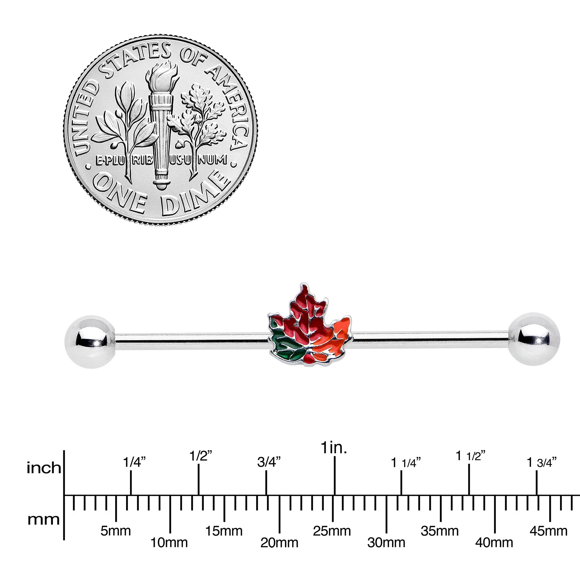 14 Gauge Autumn Tricolor Red Maple Leaf Industrial Barbell 38mm