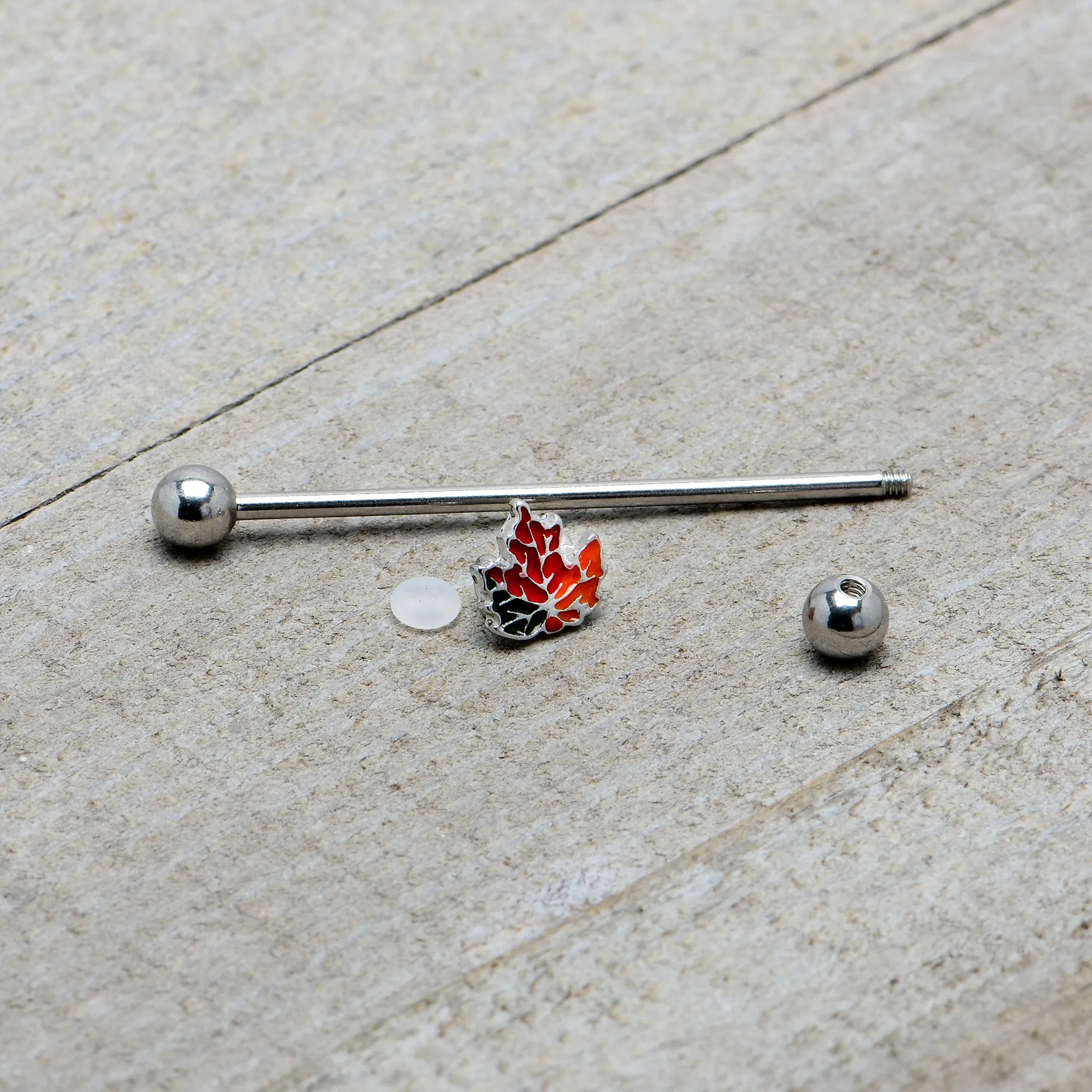 14 Gauge Autumn Tricolor Red Maple Leaf Industrial Barbell 38mm
