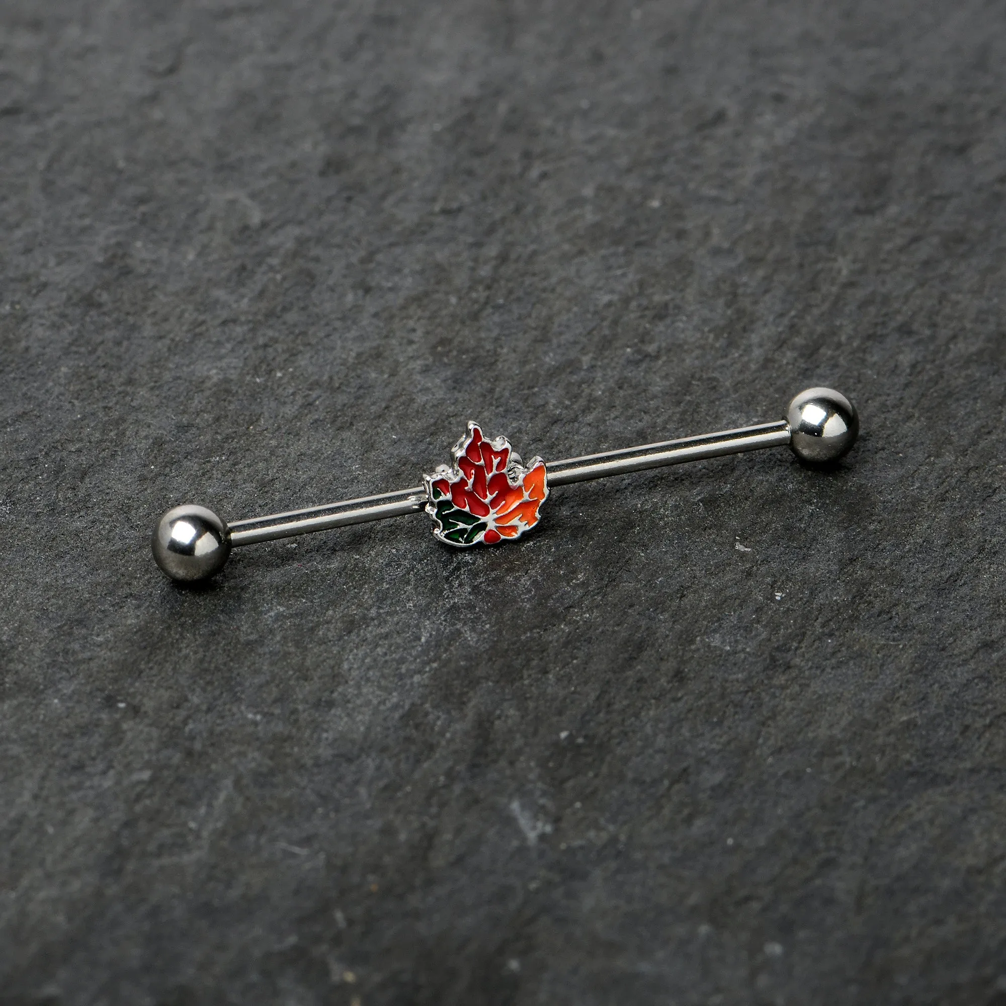 14 Gauge Autumn Tricolor Red Maple Leaf Industrial Barbell 38mm