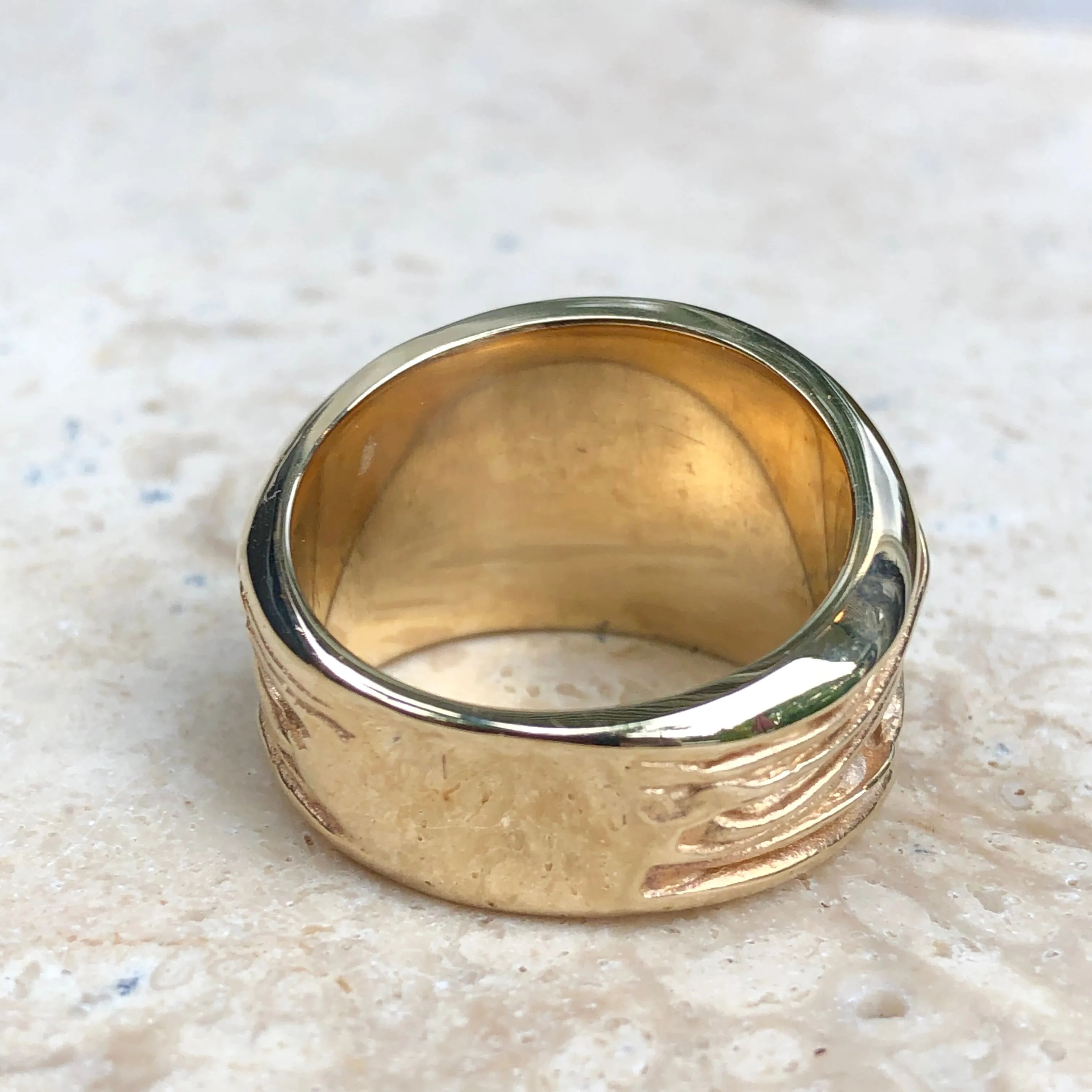 14KT Yellow Gold Wide Artistic Shiny Grooved Cigar Band Ring