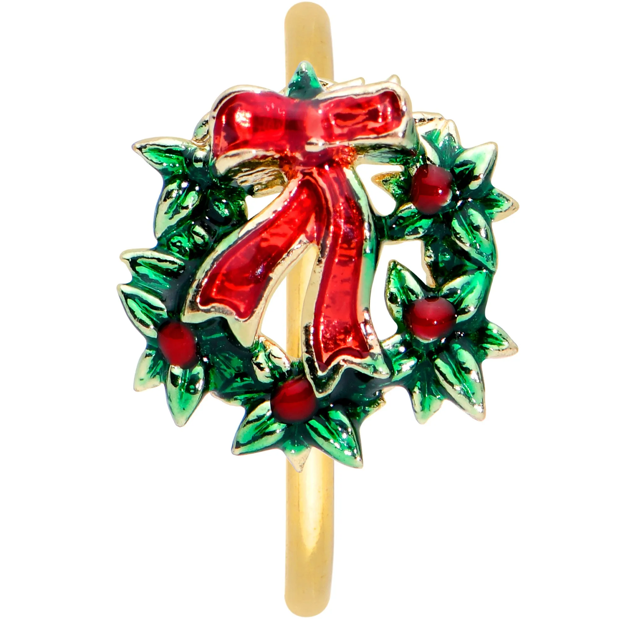 20 Gauge 5/16 Gold Tone Festive Bow Wreath Christmas Nose Hoop