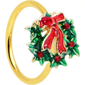 20 Gauge 5/16 Gold Tone Festive Bow Wreath Christmas Nose Hoop