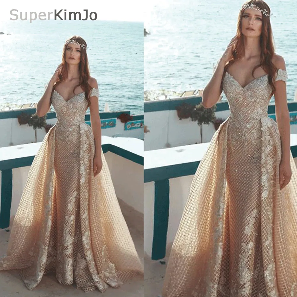 2020 detachable skirt evening dresses long sparkle champagne lace appliqué evening gown