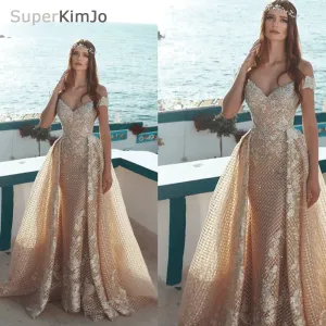 2020 detachable skirt evening dresses long sparkle champagne lace appliqué evening gown