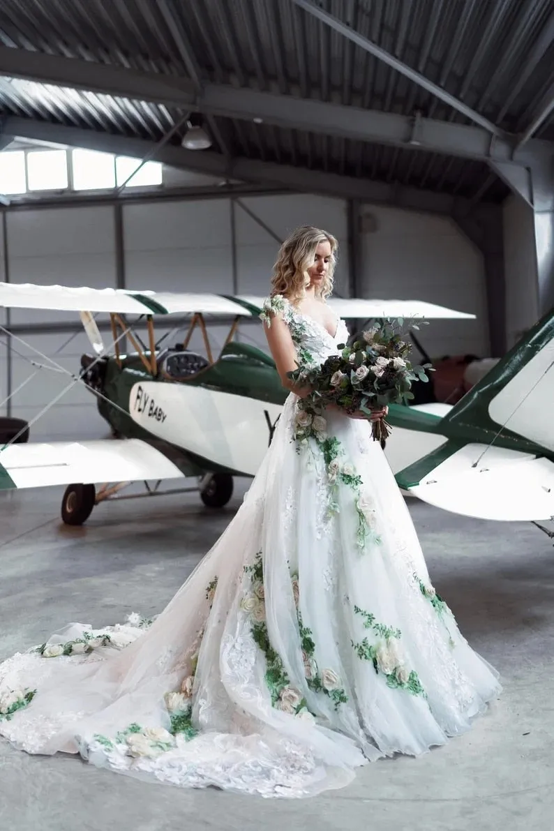 3D Flower A-line Long Bridal Dress