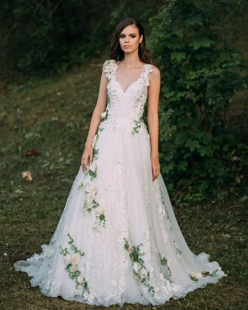 3D Flower A-line Long Bridal Dress