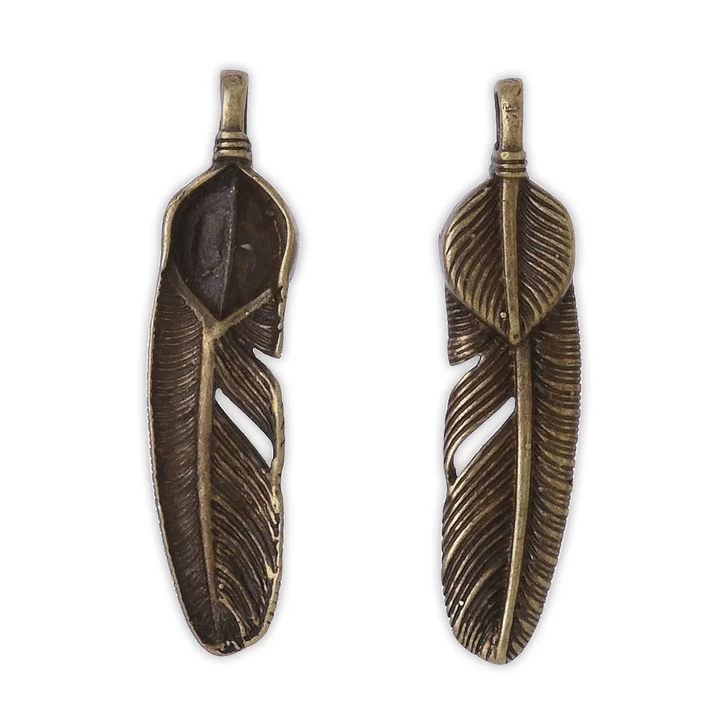 5  Antique Bronze Brass Feather Pendant Charm,34x8mm Metal Feather Findings Charm,Jewelry Making Supplies