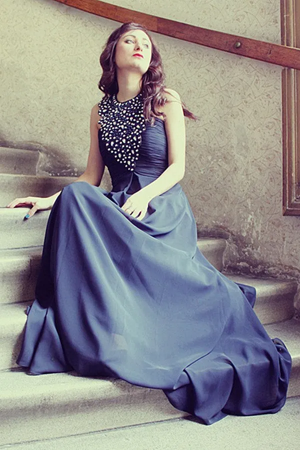 A-line Halter Floor Length Sleeveless Chiffon Rhinestone Evening Dress
