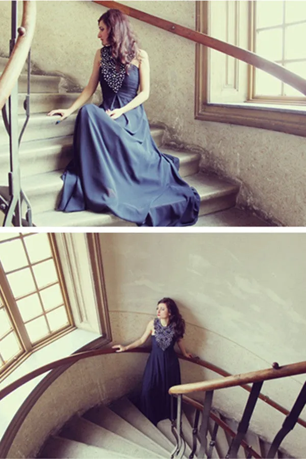 A-line Halter Floor Length Sleeveless Chiffon Rhinestone Evening Dress