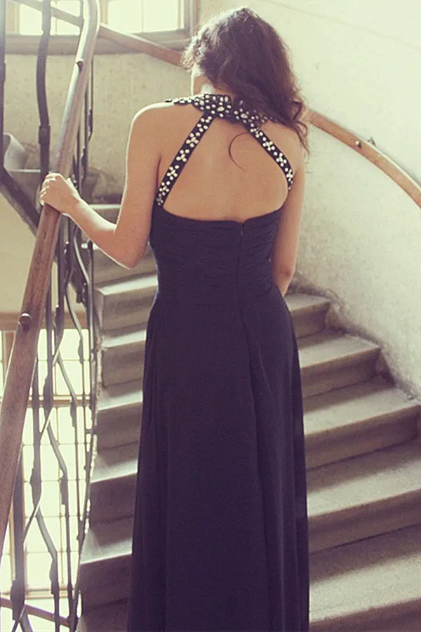 A-line Halter Floor Length Sleeveless Chiffon Rhinestone Evening Dress