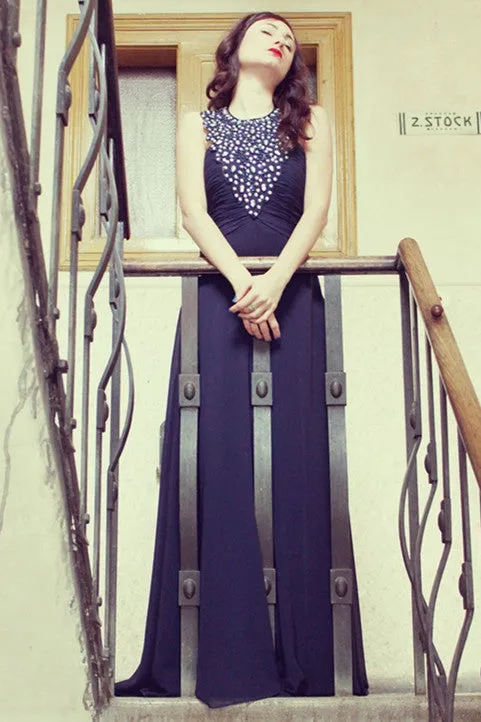 A-line Halter Floor Length Sleeveless Chiffon Rhinestone Evening Dress