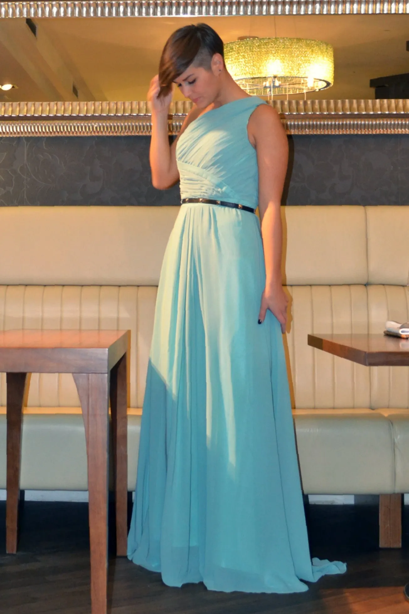 A-line One Shoulder Floor Length Sleeveless Chiffon Evening Dress