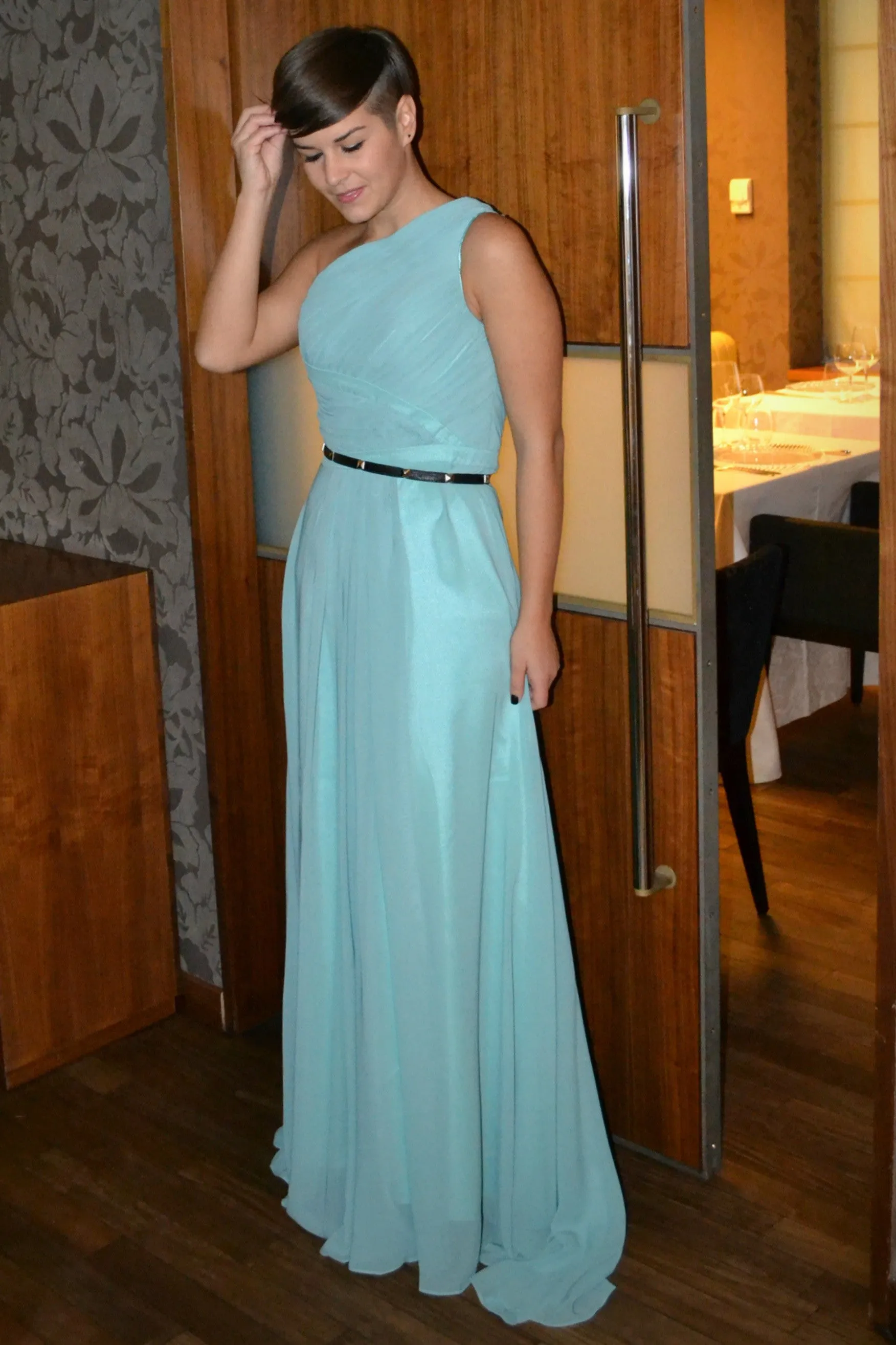A-line One Shoulder Floor Length Sleeveless Chiffon Evening Dress
