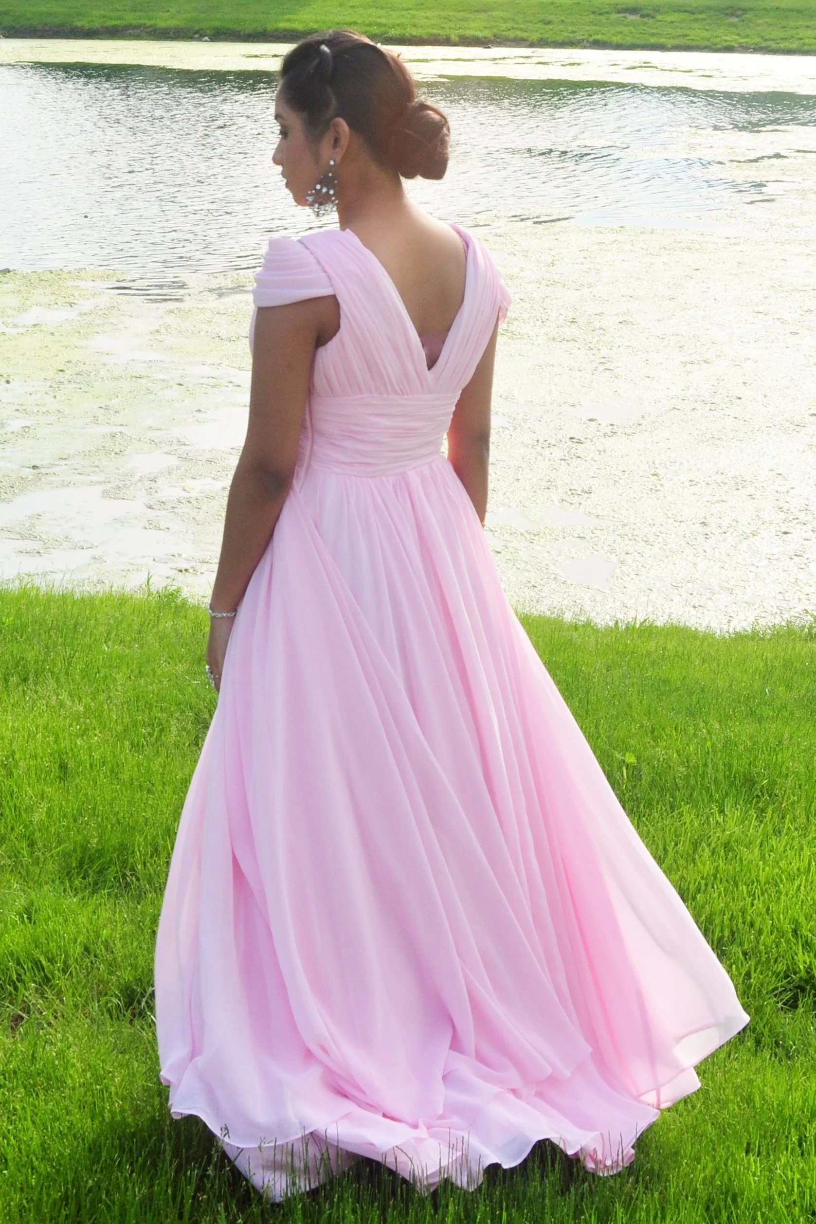 A-line Short sleeve Floor Length Chiffon Lace Evening Dress
