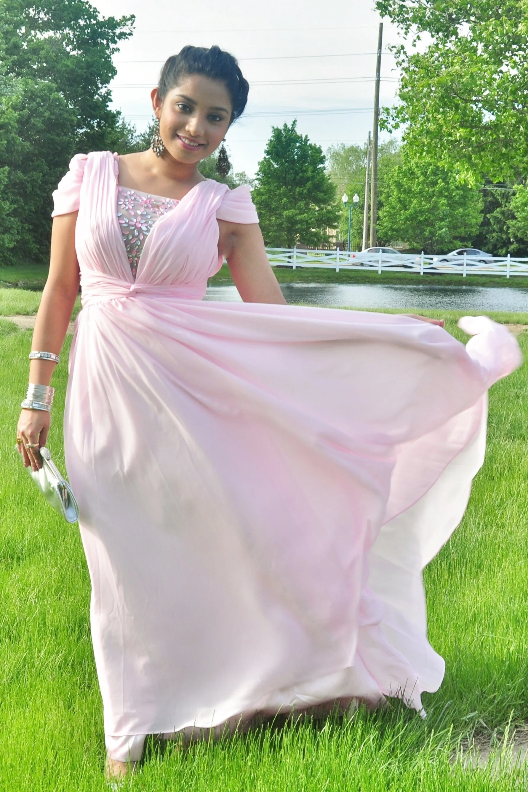 A-line Short sleeve Floor Length Chiffon Lace Evening Dress