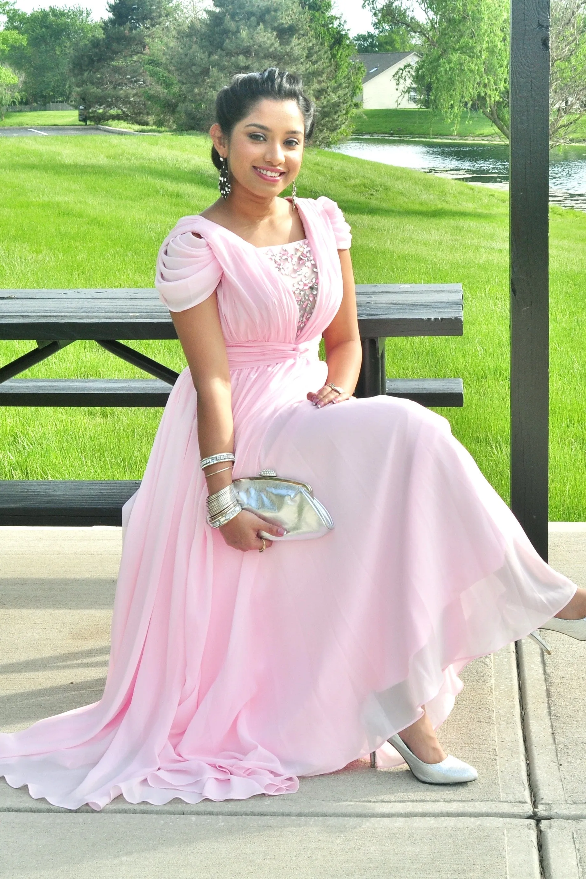 A-line Short sleeve Floor Length Chiffon Lace Evening Dress