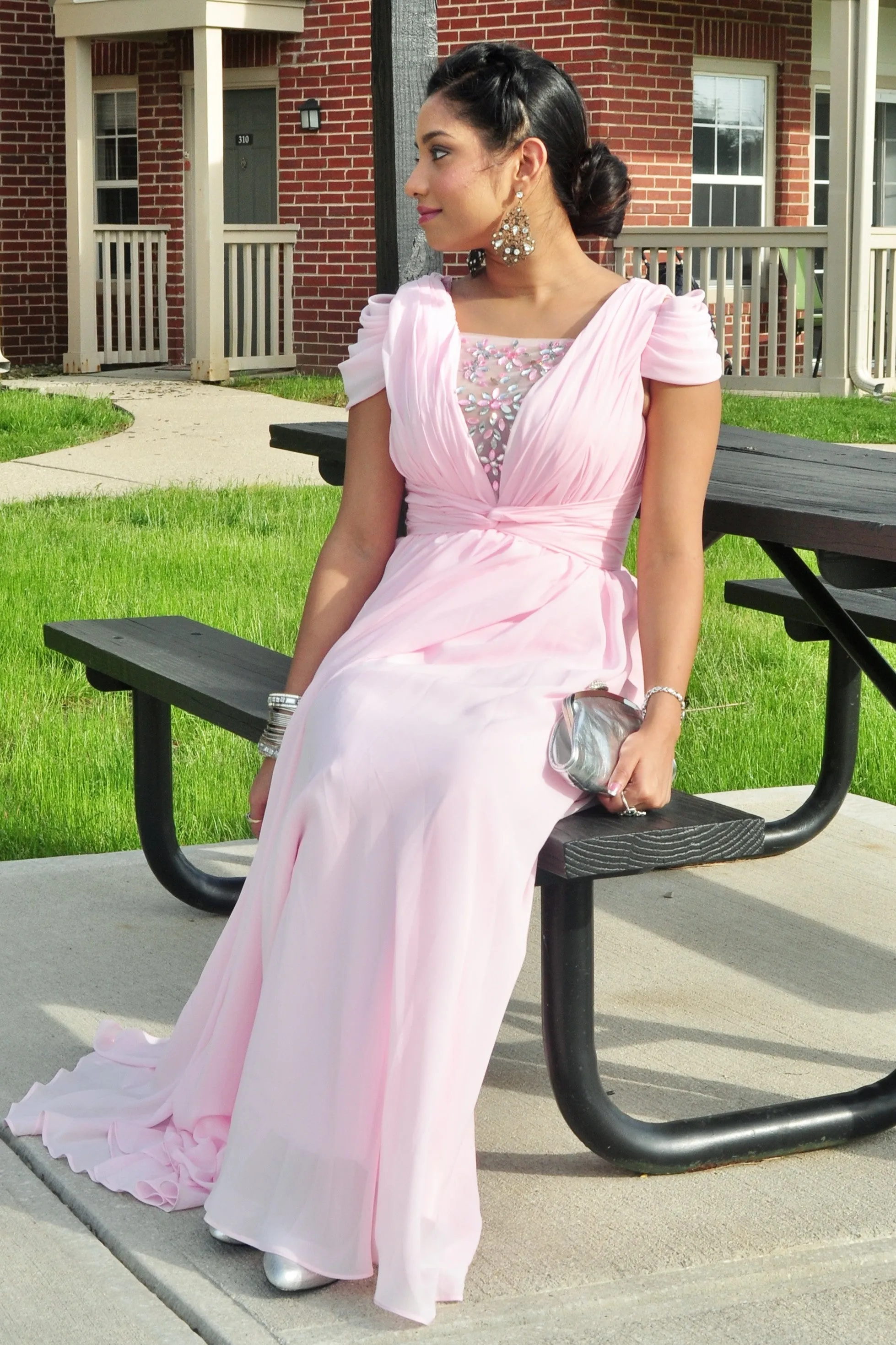 A-line Short sleeve Floor Length Chiffon Lace Evening Dress