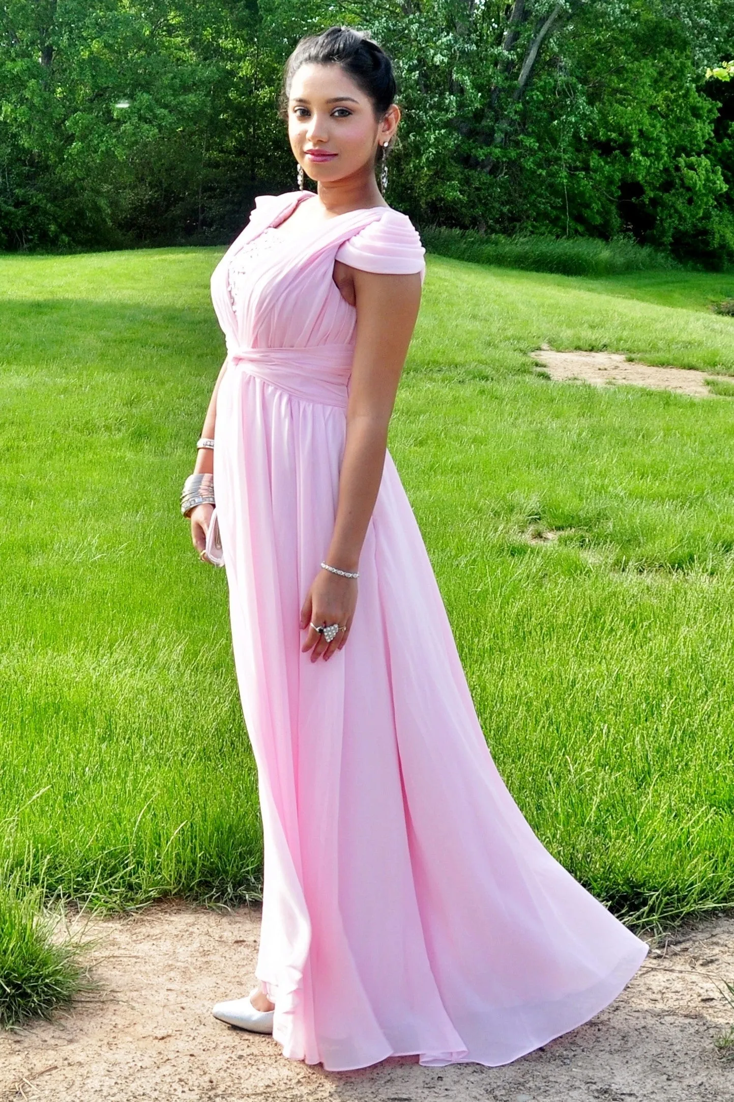 A-line Short sleeve Floor Length Chiffon Lace Evening Dress