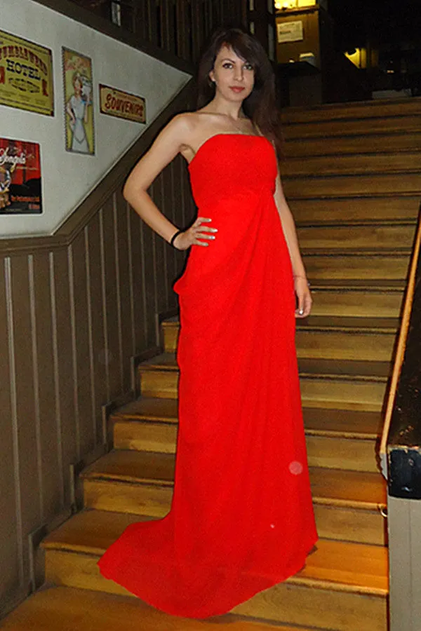 A-line Strapless Front Slit Floor Length Chiffon Evening Dress