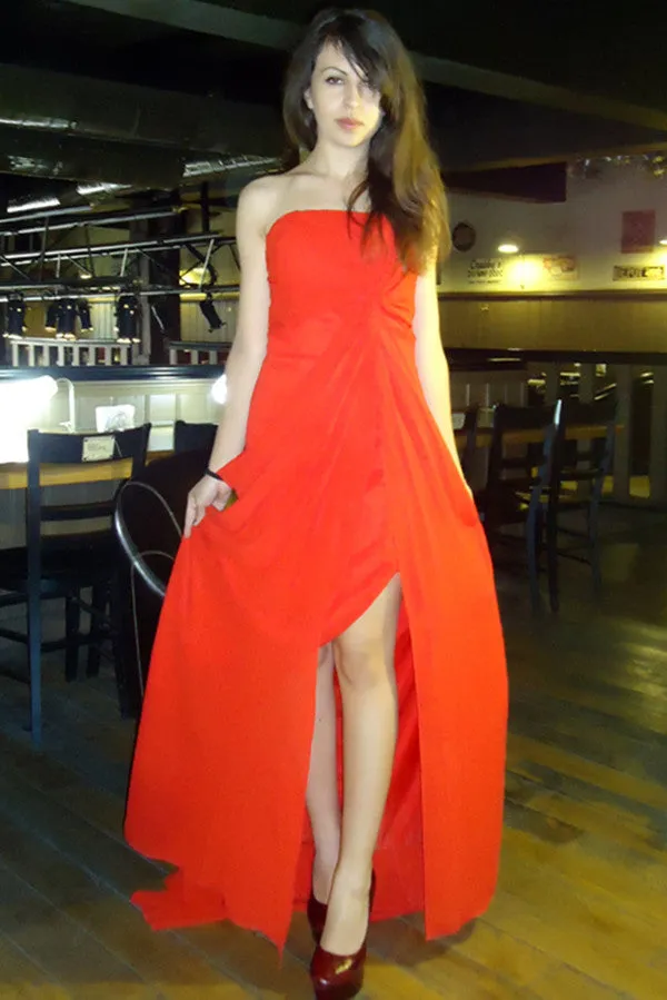 A-line Strapless Front Slit Floor Length Chiffon Evening Dress