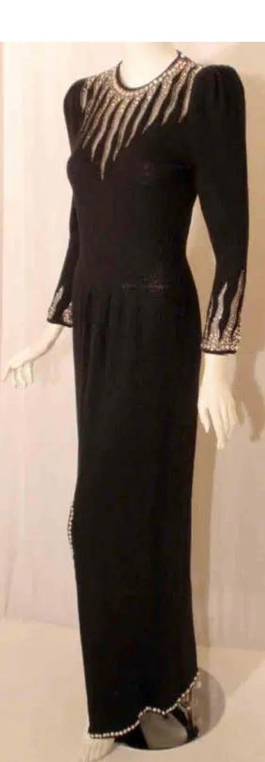 ADOLFO Black Knit Evening Gown with Rhinestone Hemline Details Size 6