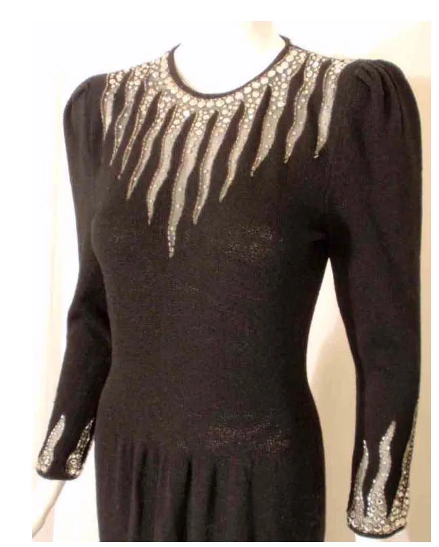 ADOLFO Black Knit Evening Gown with Rhinestone Hemline Details Size 6