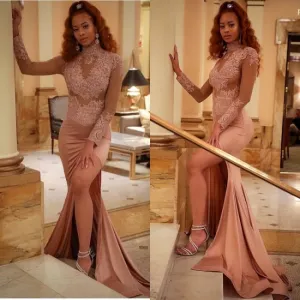 African dusty pink evening dresses long sleeve high neck Lace Applique mermaid sexy formal evening gown