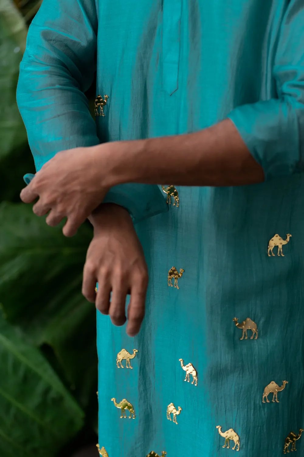 Airy Aqua Camel Embroidered Kurta Sets