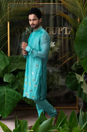 Airy Aqua Camel Embroidered Kurta Sets