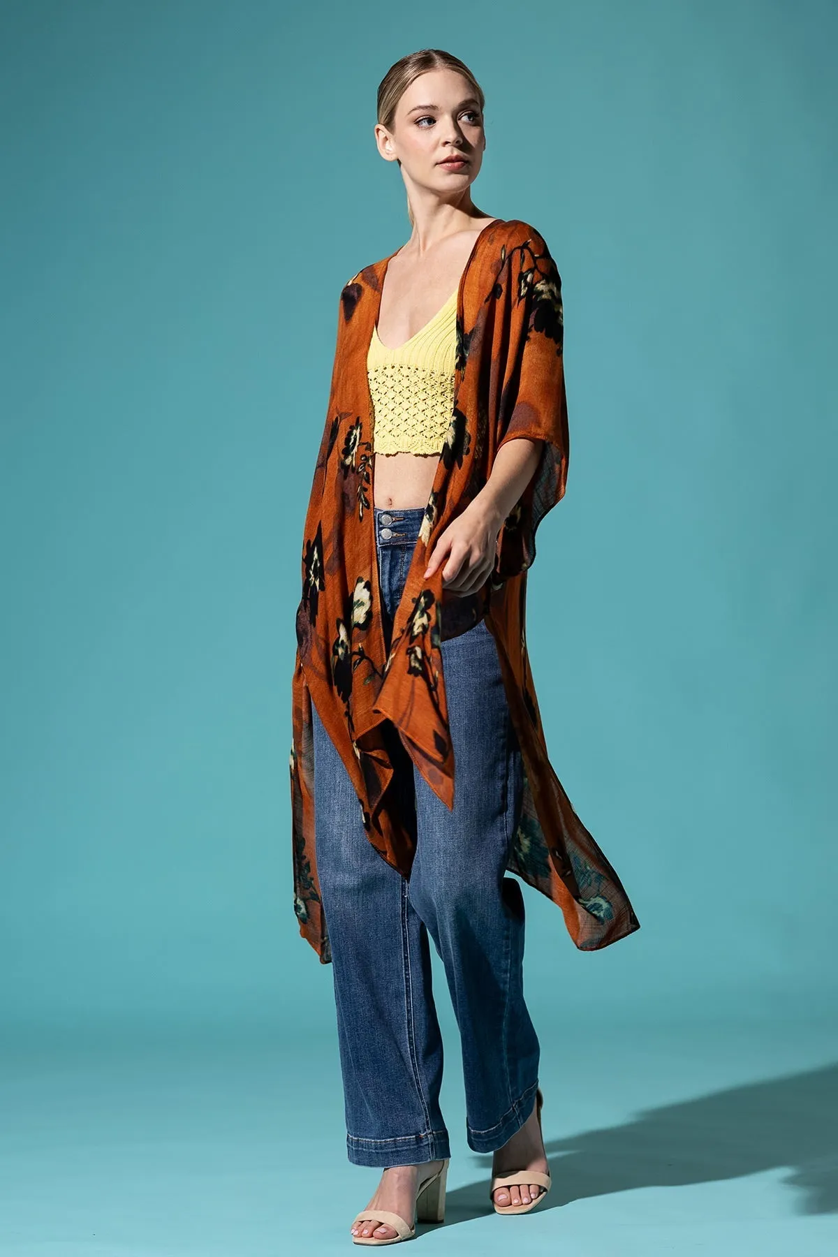 Airy Teal Floral Kimono