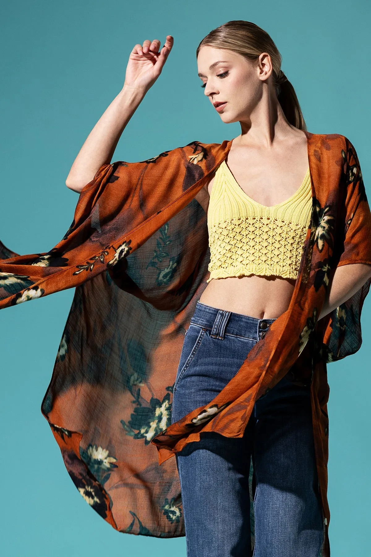 Airy Teal Floral Kimono