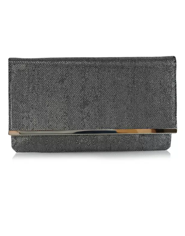 ALICIA CHROME TRIM DETACHABLE CHAIN STRAP INNER POCKET CLUTCH BAG IN BLACK GLITTER
