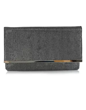 ALICIA CHROME TRIM DETACHABLE CHAIN STRAP INNER POCKET CLUTCH BAG IN BLACK GLITTER
