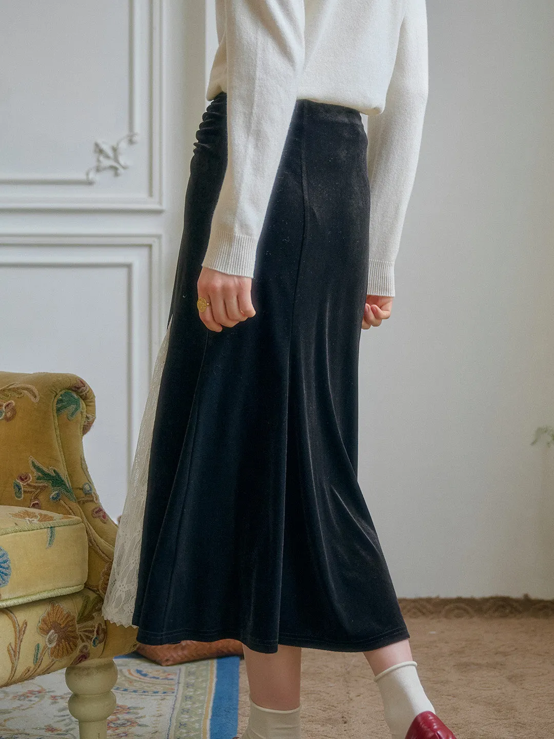Angelique Elegant Lace Hollow Contrasting Velvet Skirt