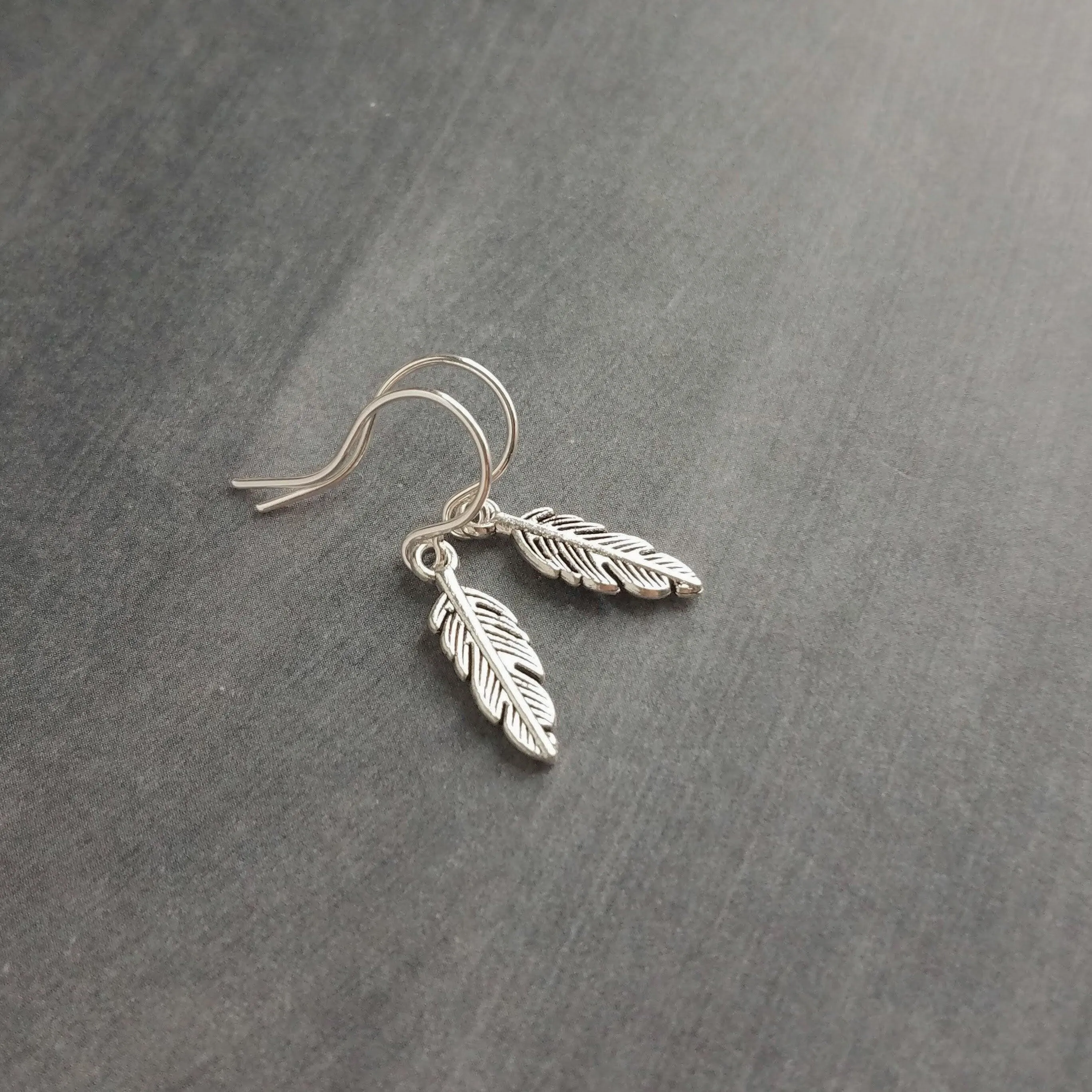 Antique Silver Feather Earrings, blackened silver feather, tiny feather earring, small silver feather, little feather dangle, simple feather