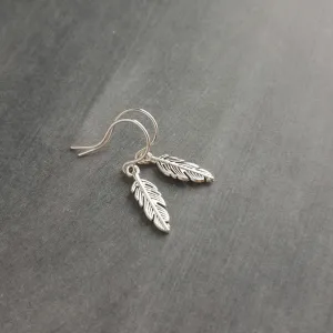 Antique Silver Feather Earrings, blackened silver feather, tiny feather earring, small silver feather, little feather dangle, simple feather