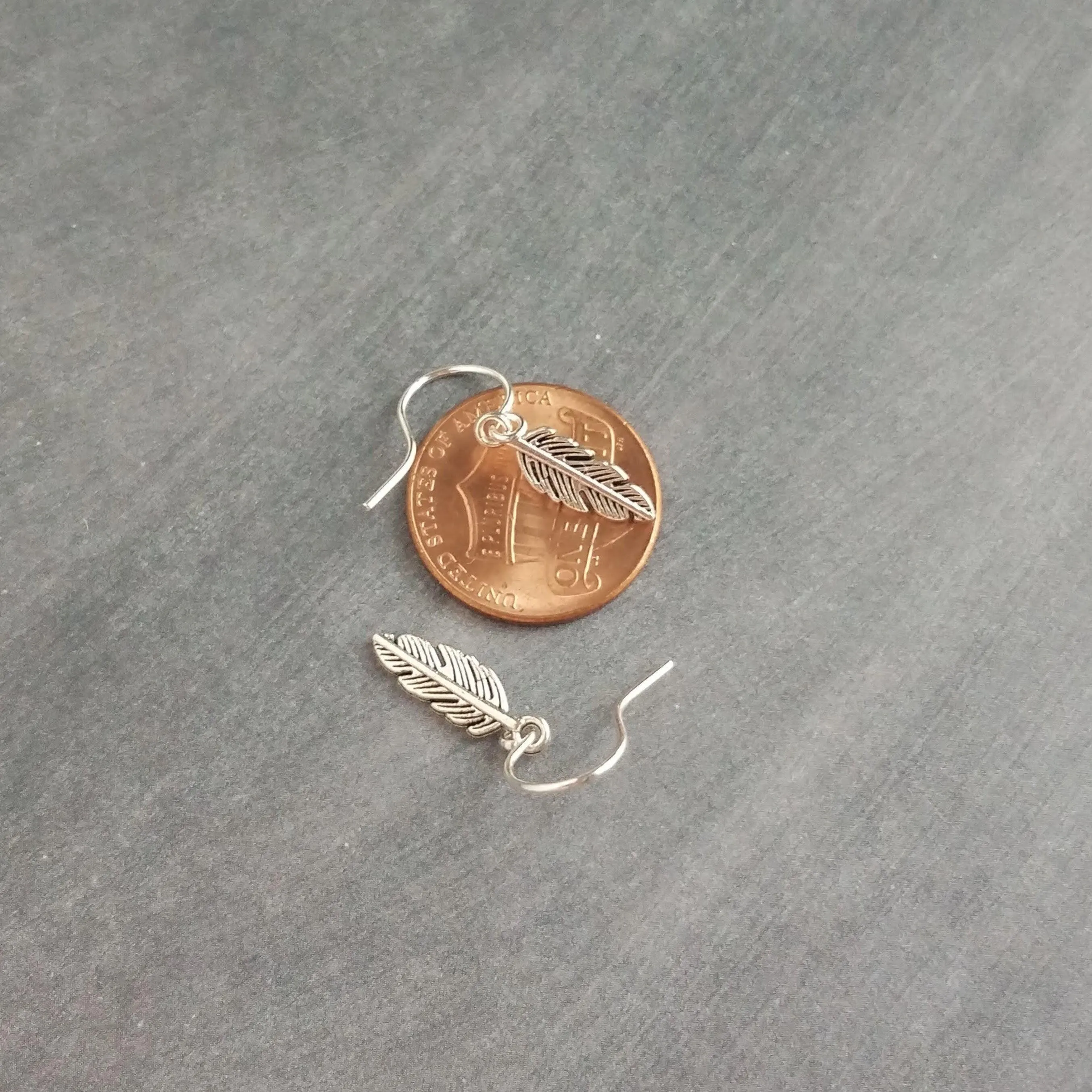 Antique Silver Feather Earrings, blackened silver feather, tiny feather earring, small silver feather, little feather dangle, simple feather