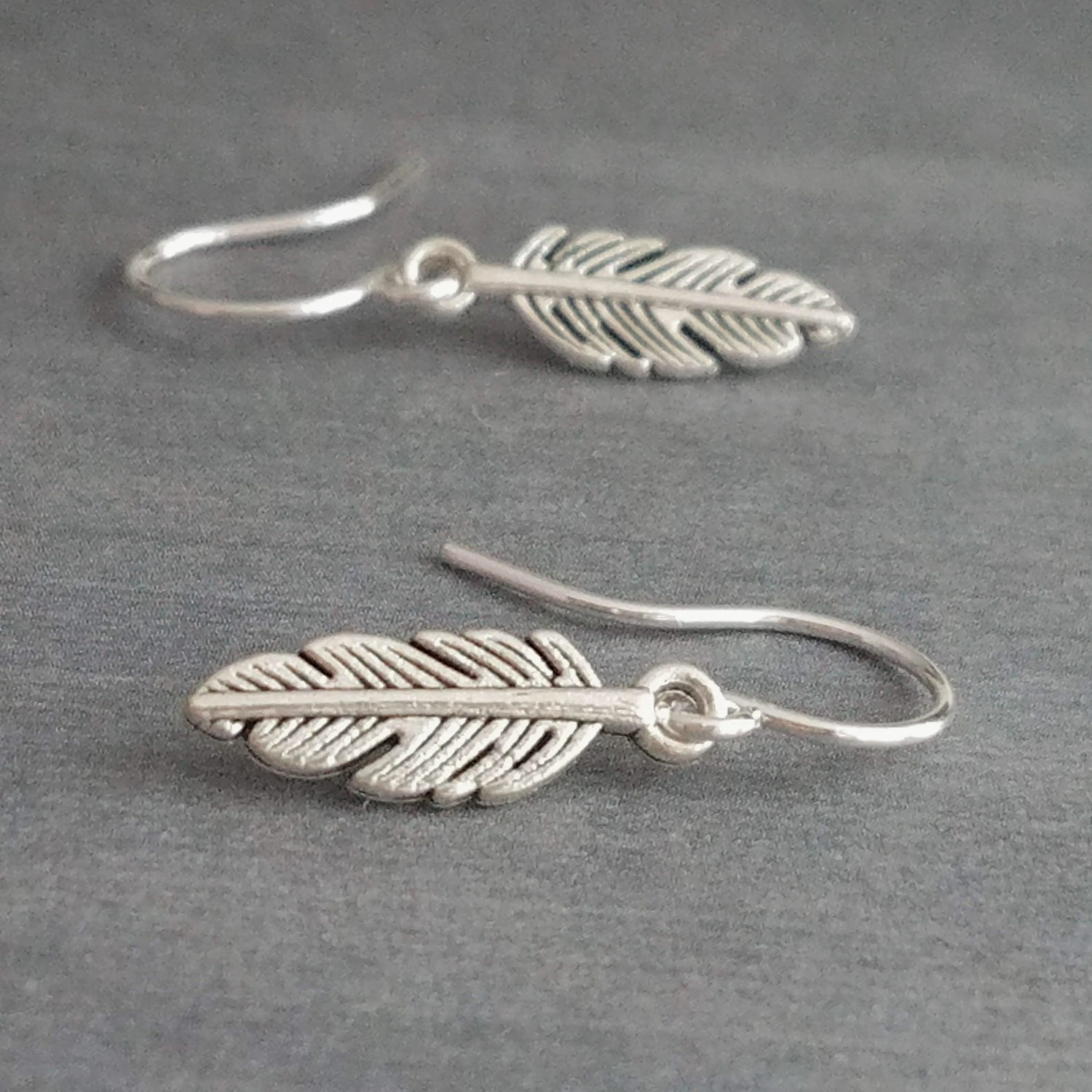 Antique Silver Feather Earrings, blackened silver feather, tiny feather earring, small silver feather, little feather dangle, simple feather