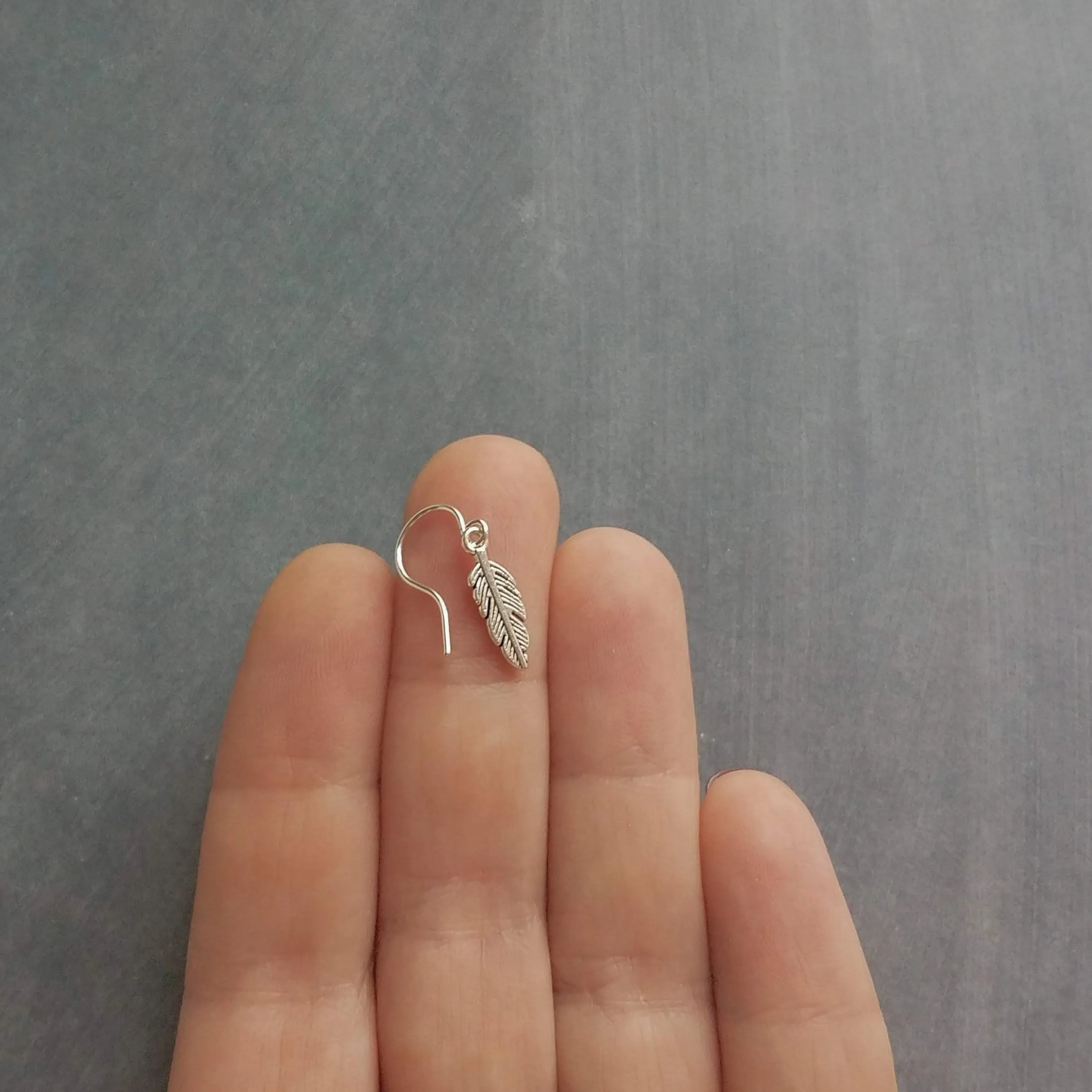 Antique Silver Feather Earrings, blackened silver feather, tiny feather earring, small silver feather, little feather dangle, simple feather