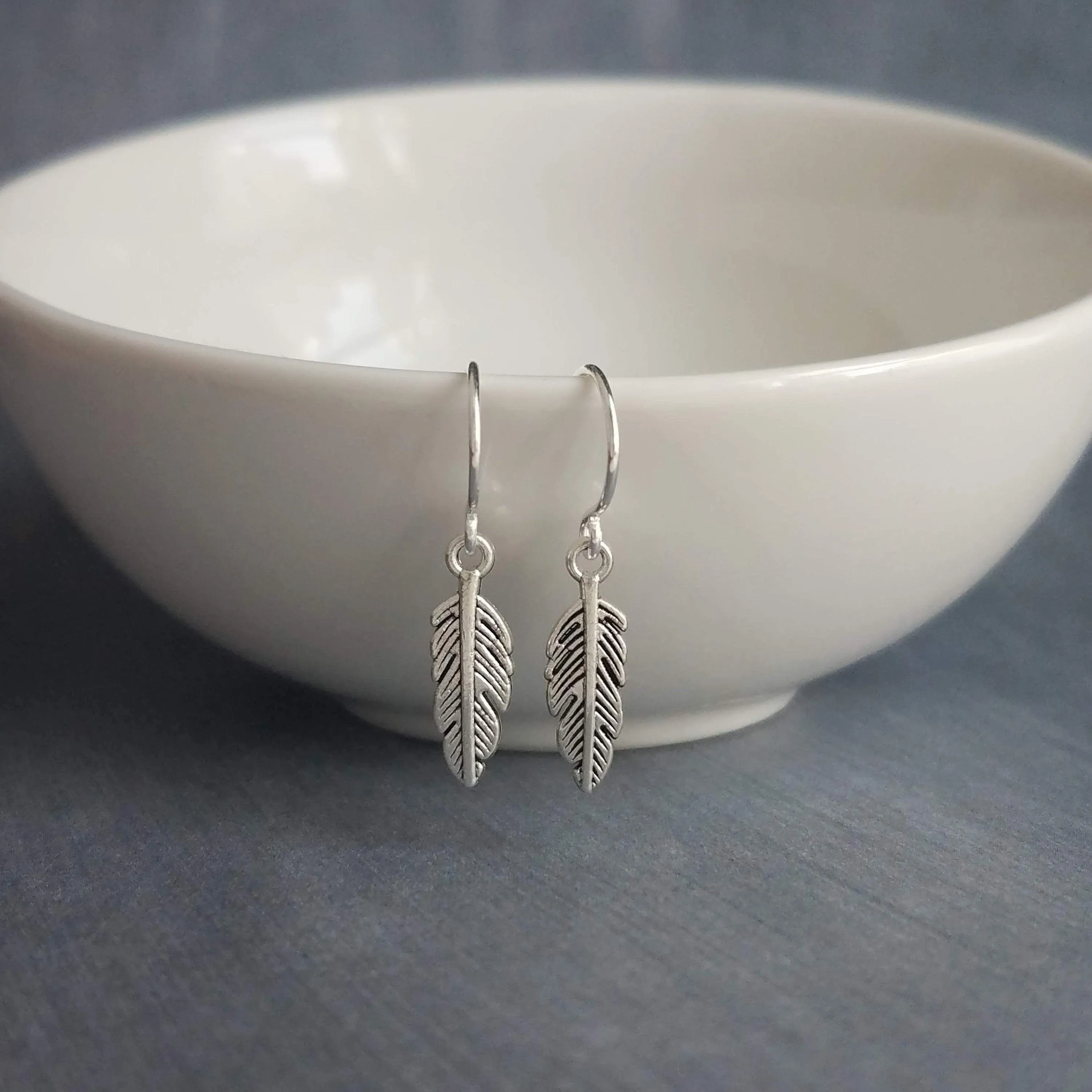 Antique Silver Feather Earrings, blackened silver feather, tiny feather earring, small silver feather, little feather dangle, simple feather