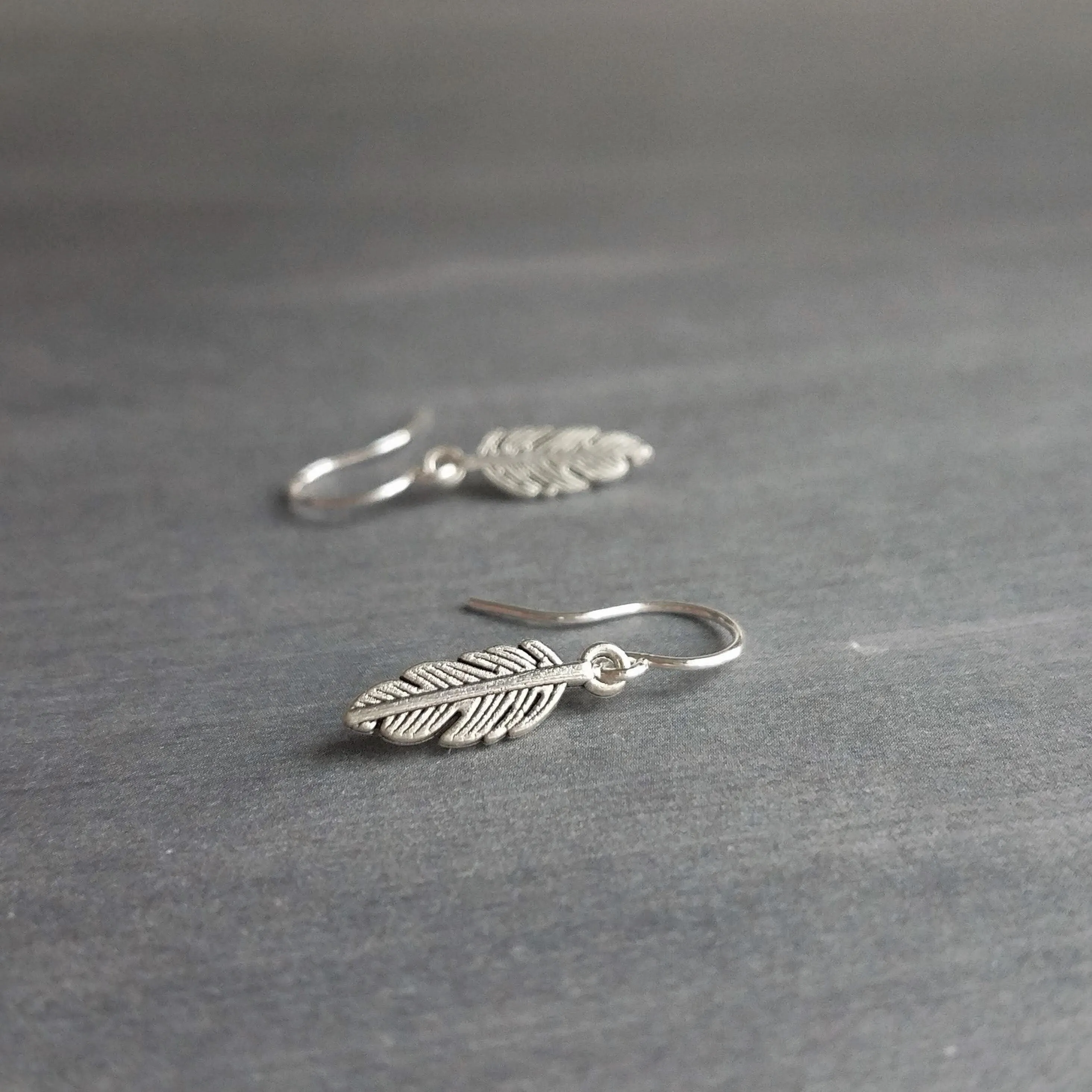 Antique Silver Feather Earrings, blackened silver feather, tiny feather earring, small silver feather, little feather dangle, simple feather