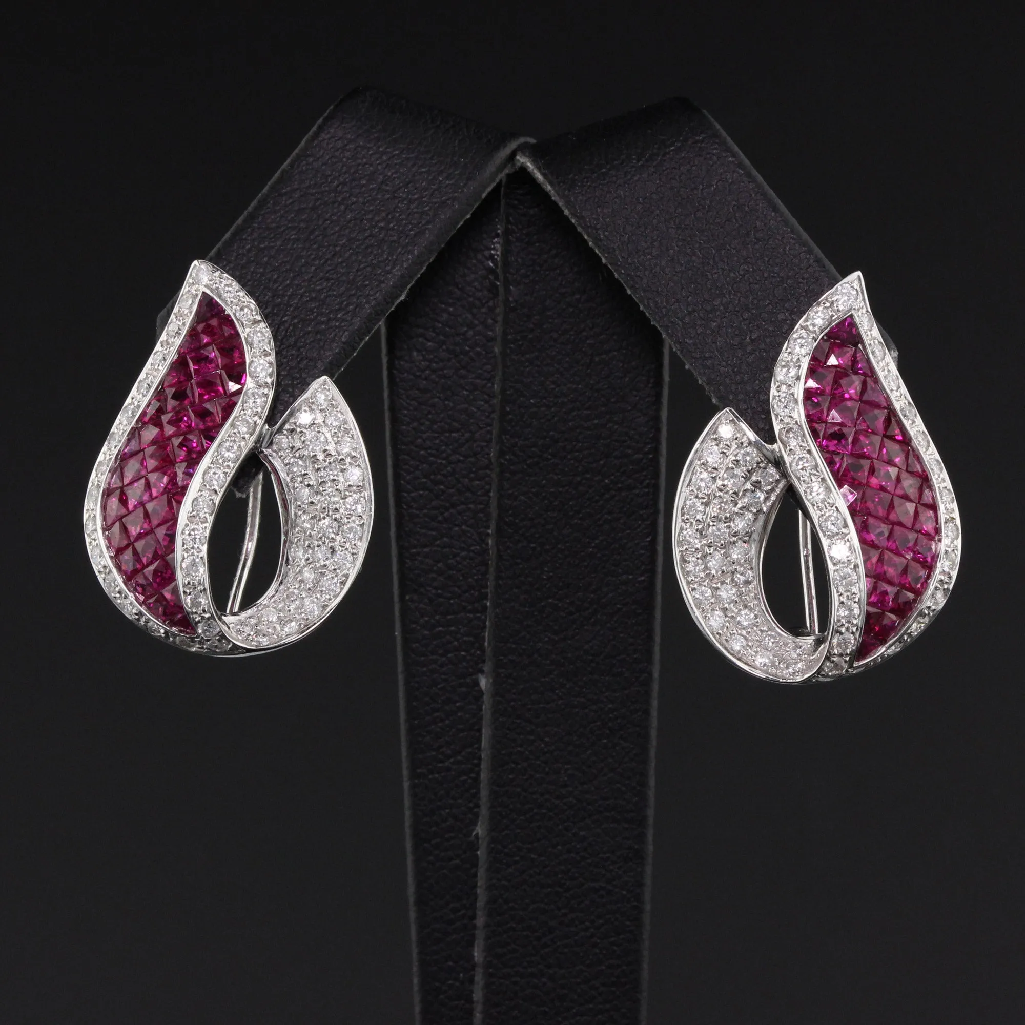 Art Deco Style 18K White Gold Diamond and Ruby Earrings