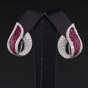 Art Deco Style 18K White Gold Diamond and Ruby Earrings